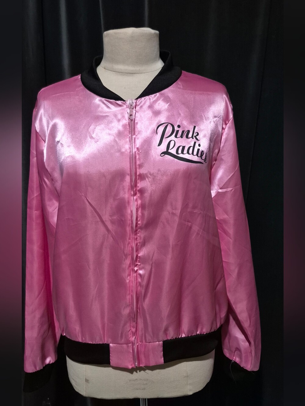 Pink Satin Bomber Jacket with Black Trim